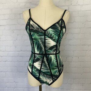 ⭐ 3/$15 LA Hearts S Green White Palm Leaf Print Black Trim One Piece Swimsuit